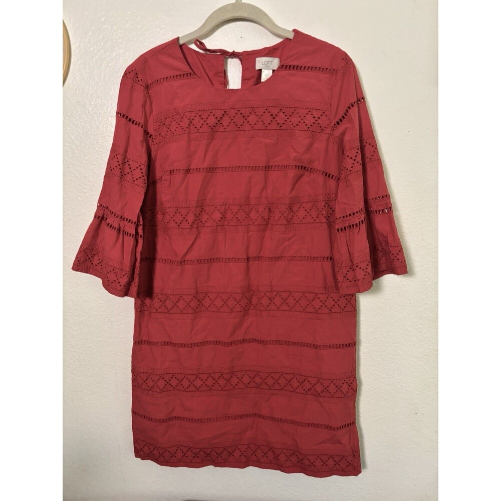 LOFT Small Eyelet Cotton Red Shift Dress Flutter Sleeve Above Knee
